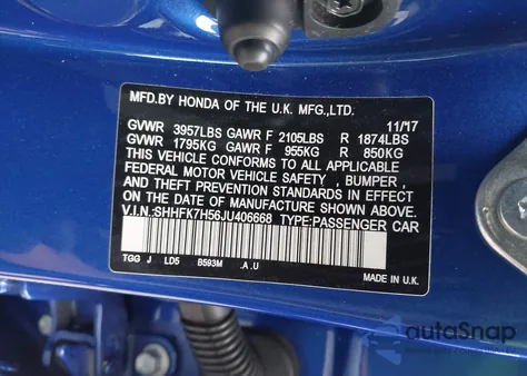 2018 Honda Civic Ex z USA, uszkodzony, nr VIN SHHFK7H56JU406668